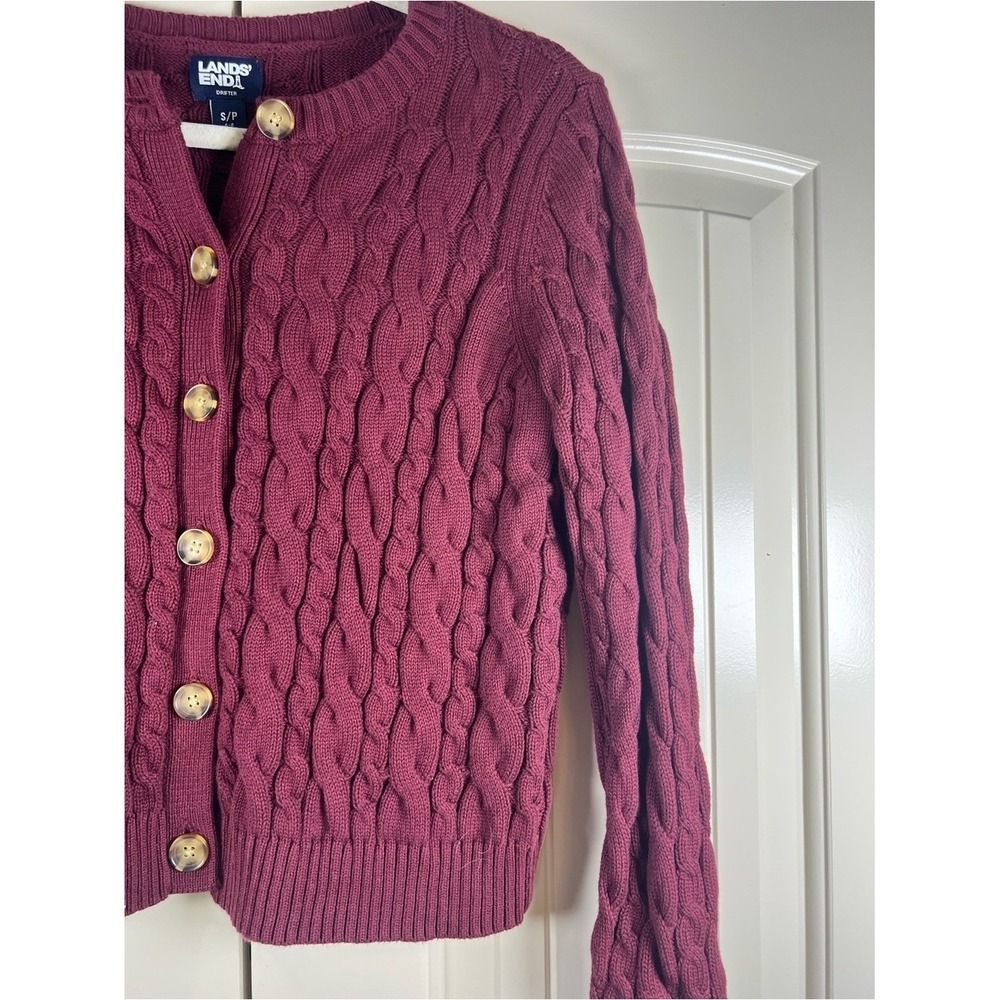 Lands' End Drifter Cable Knit Cardigan Sweater Burgundy‎ Small Petite SP - Picture 4 of 8